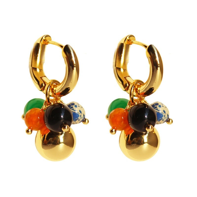 High-grade Green Black Yellow Agate Contrast Color Gold Ball Earrings