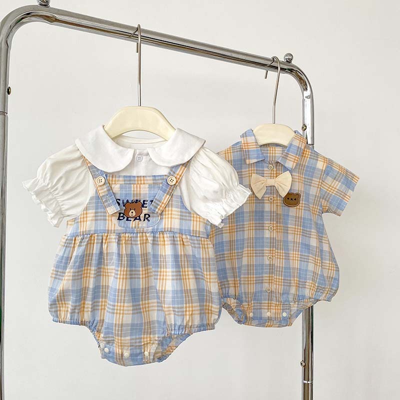 Baby Short Sleeve Two-piece Thin Bear Plaid Romper Climbing Clothing