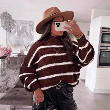 Loose Striped Mock-neck Contrast Color Knitwear Pullover Sweater