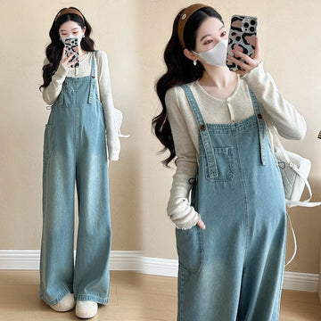 Simple New Long Sleeve Top Washed Denim Maternity Bib Pants