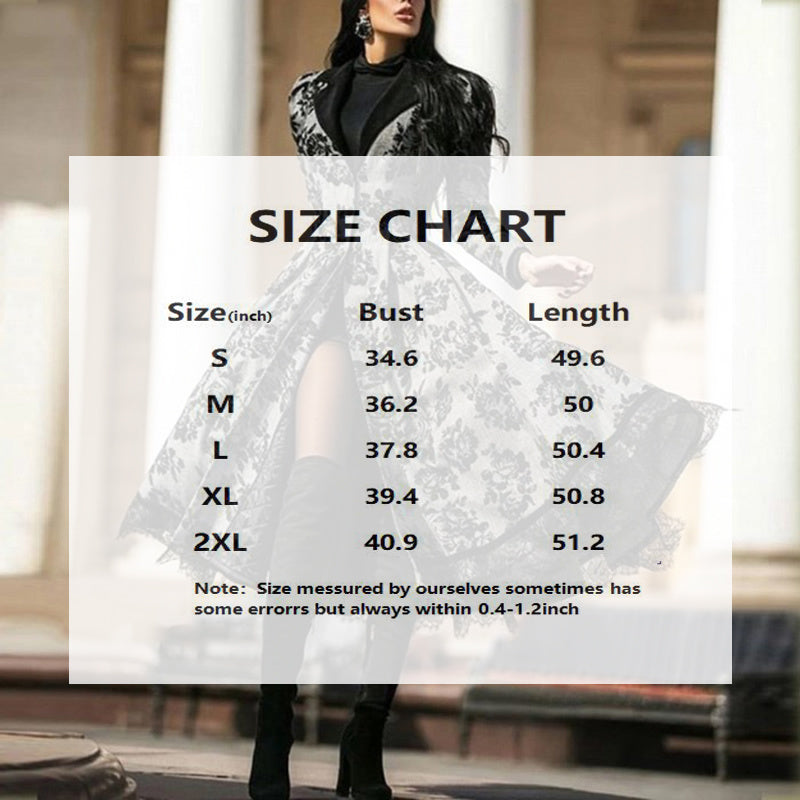 Women's Autumn Winter Long Sleeve Lace Trim Floral Print Vintage Long Trench Coat