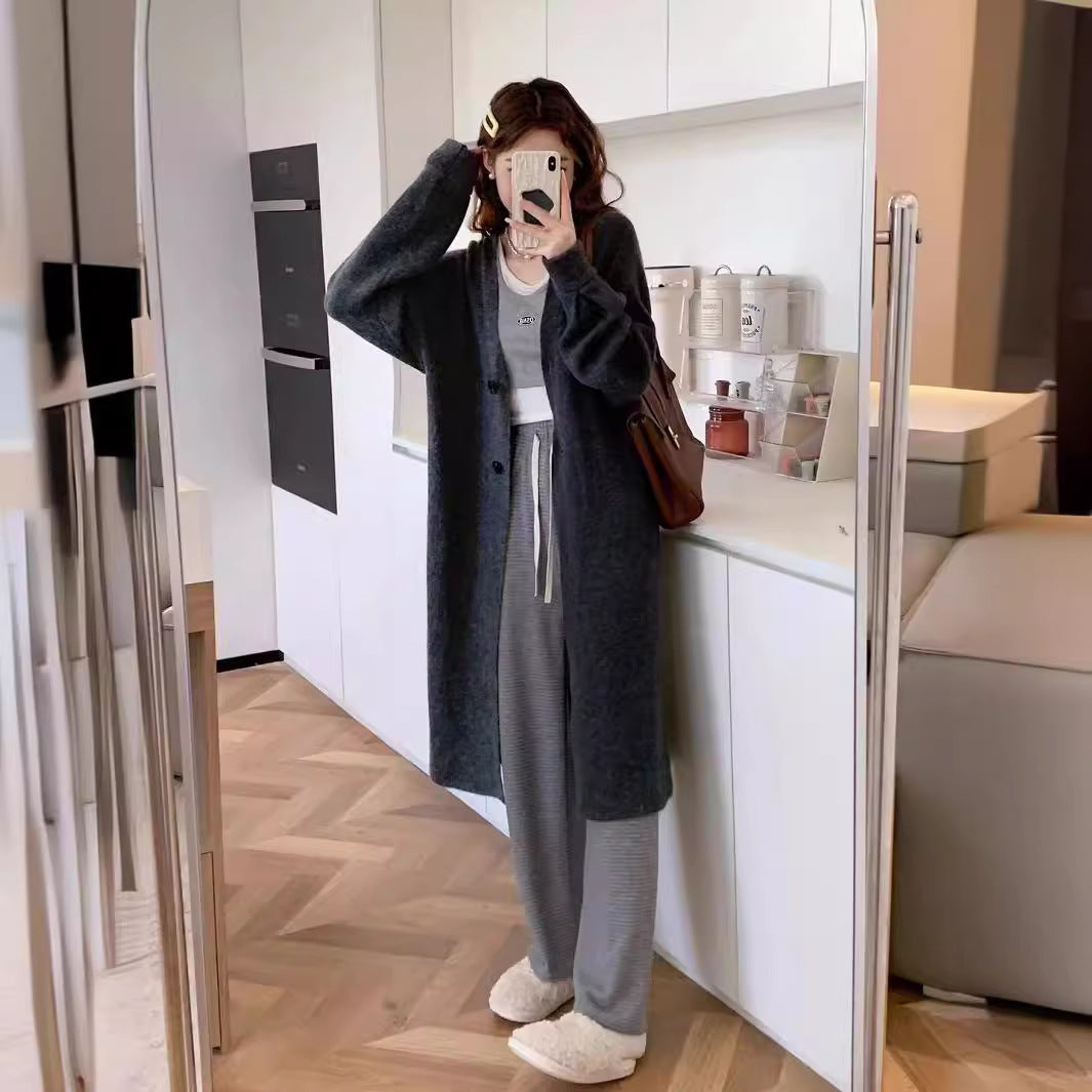 Button Solid Color Long Knitted Cardigan Sweater Coat