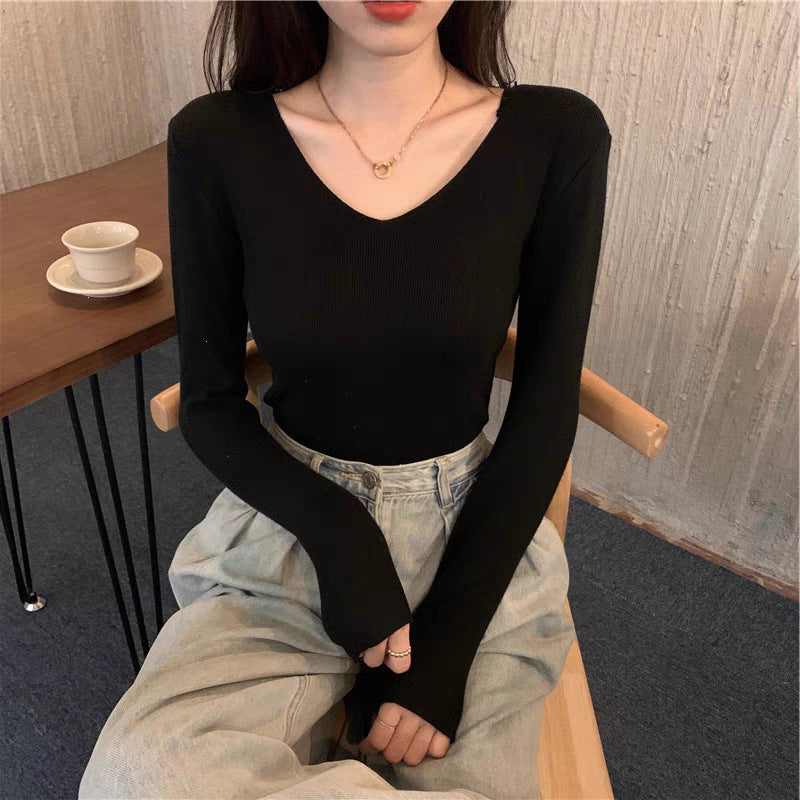 Core-spun Yarn Slim V-neck Long Sleeve Inner Wear Sweater