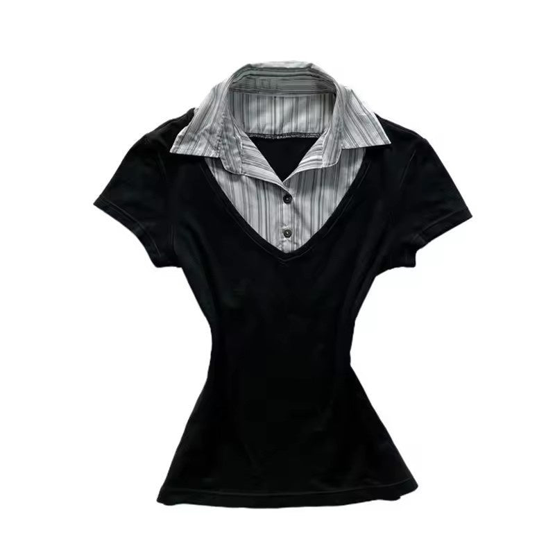 Graceful Collar Lapel Pleated Single-breasted Slim Fitted Waist Striped Solid Color Shirt