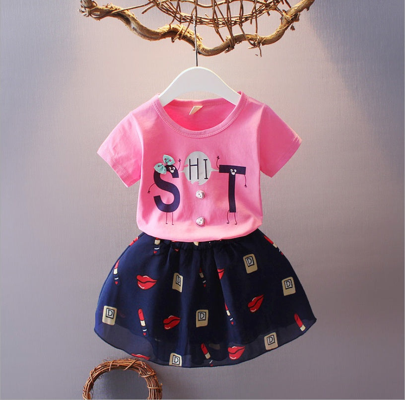 Children's clothing girls suit summer new big children Korean version of the short-sleeved fashion wave point suspender skirt two-piece