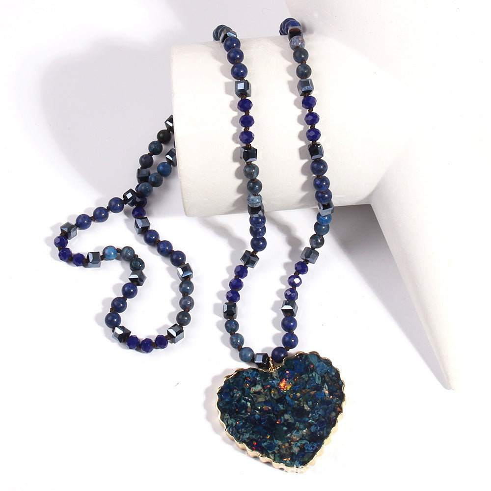 Glass Necklace Gravel Heart Pendant Sweater Chain