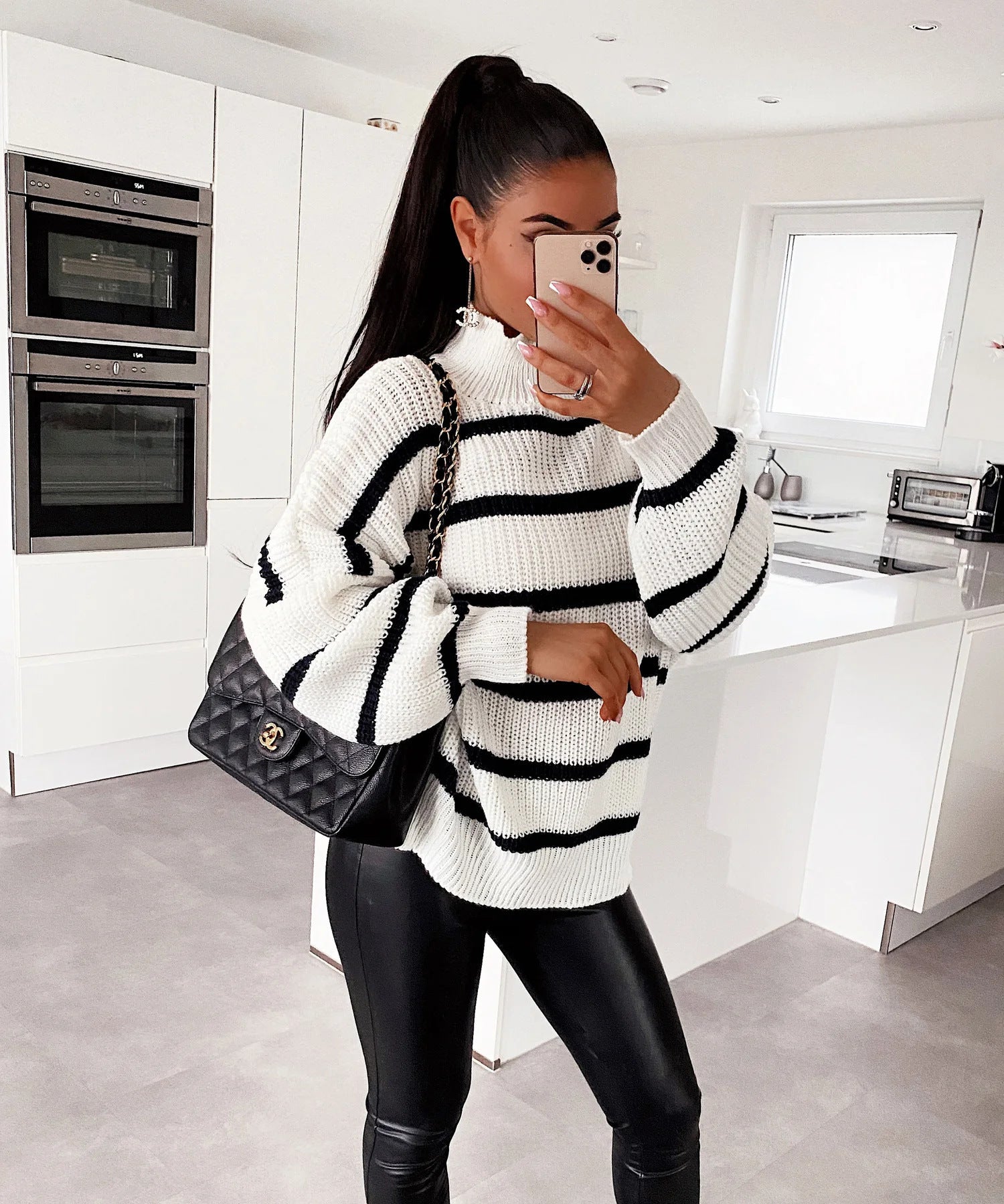 Loose Striped Mock-neck Contrast Color Knitwear Pullover Sweater