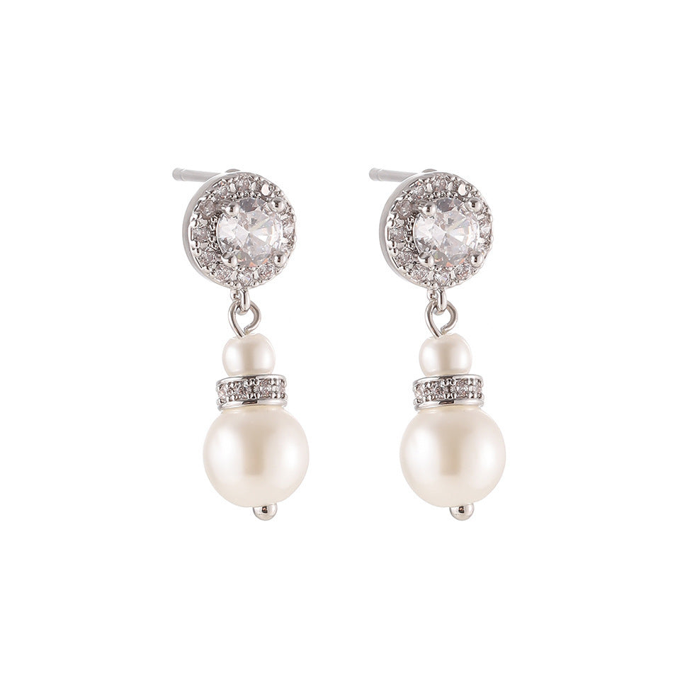 Round Full Diamond Pearl Stud Earrings For Women