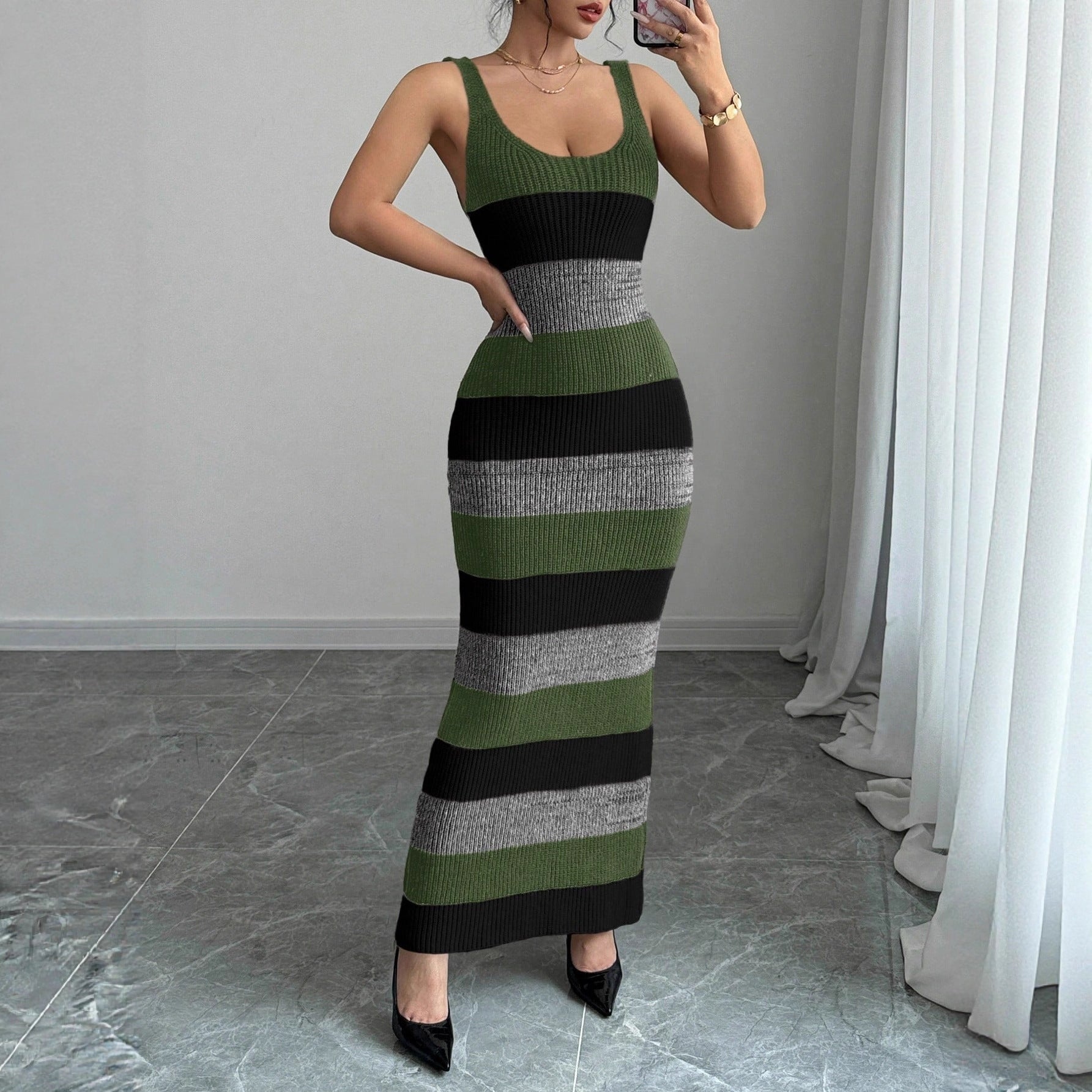 Striped Contrast Color Suspender U-neck Dress Long Knitted Dress