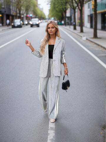Women's New Fashionable And Elegant Women's Suit Top&pants Set - Long Sleeved Pants With Side Striped Details On The Collar, Spring And Autumn Solid Color Casual Wear, Flannel, Suit