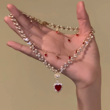 Red Love Pearl Double Layer Twin Necklace