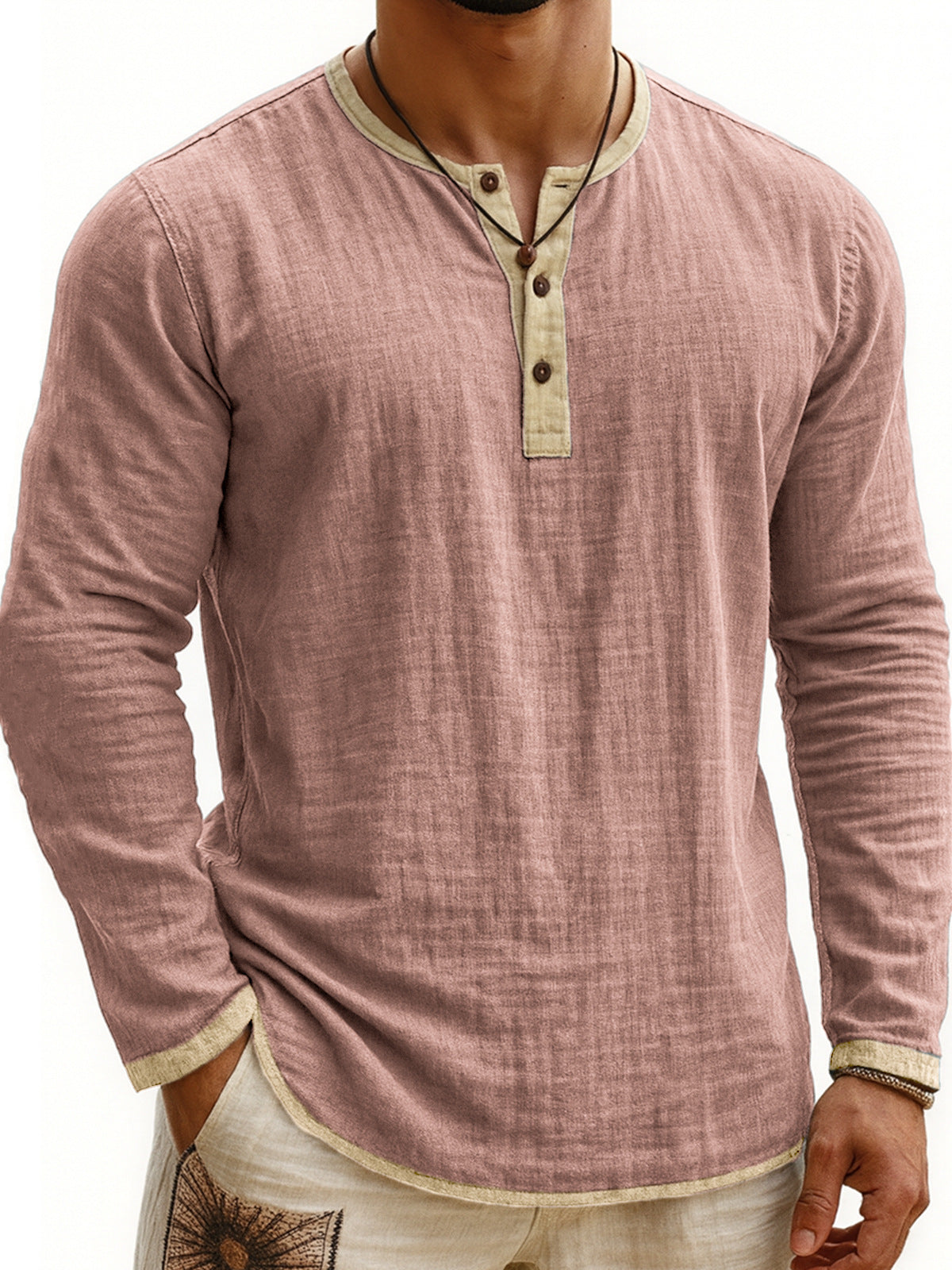 Digital Printing Two-tone Henley Shirt 3-button Men's Casual Long Sleeve