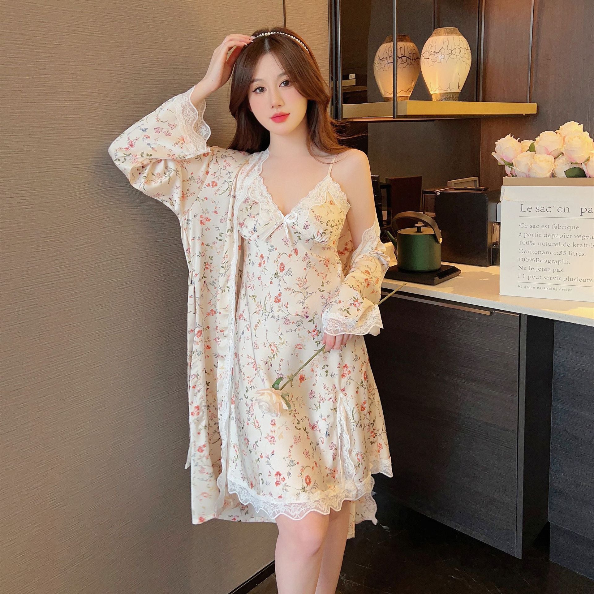 Women's Ice Silk Pajamas With Chest Pad Thin Robe Nightdress Two-piece Suit