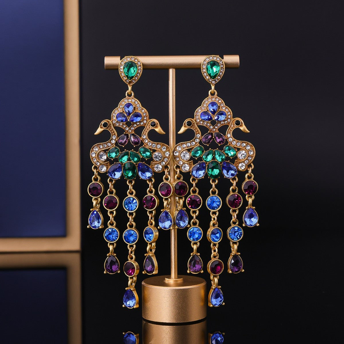Retro Affordable Luxury Peacock Stud Earrings Diamond Colored Glass Tassel Jewelry
