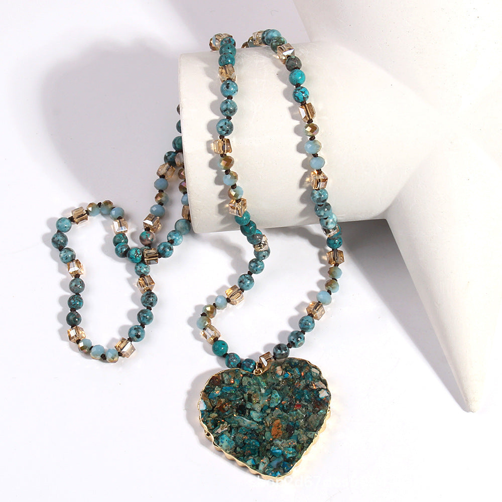 Glass Necklace Gravel Heart Pendant Sweater Chain