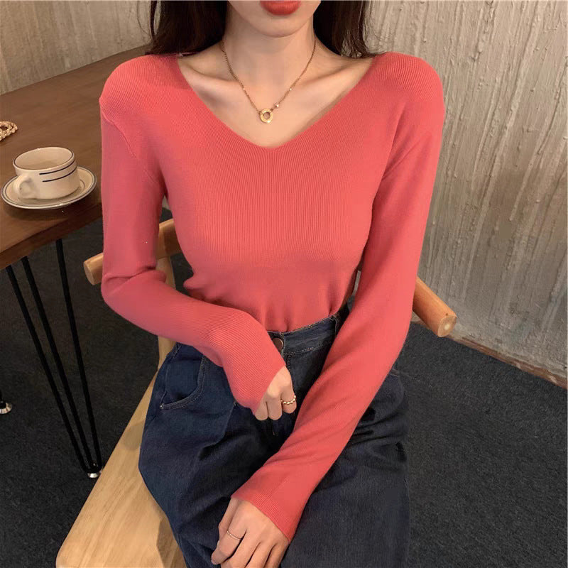 Core-spun Yarn Slim V-neck Long Sleeve Inner Wear Sweater