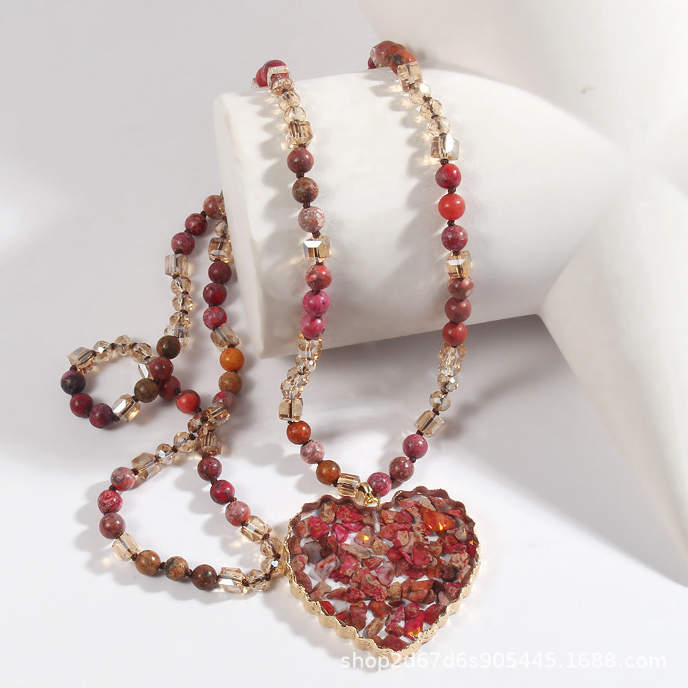 Glass Necklace Gravel Heart Pendant Sweater Chain