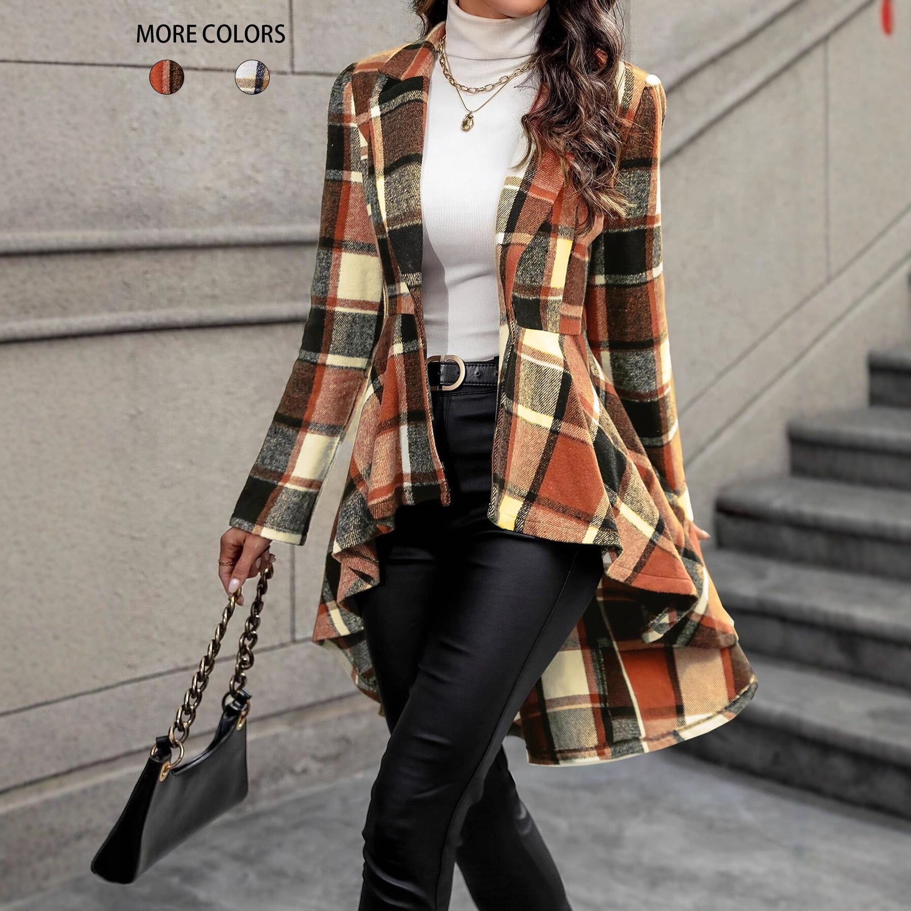 Plaid Pattern Button Front Jacket Long Sleeve High And Low Flared Jacket