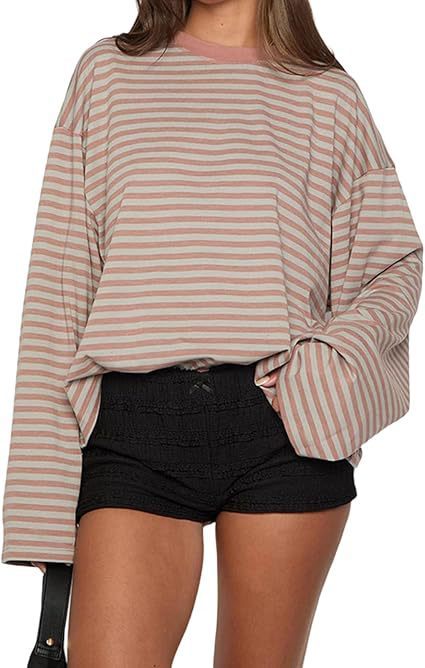 Casual Loose All-match Retro Contrast Color Striped Long-sleeved Top