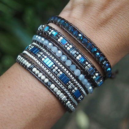 Weaving And Layering Black Gallstones Hand Wrapped Bracelet