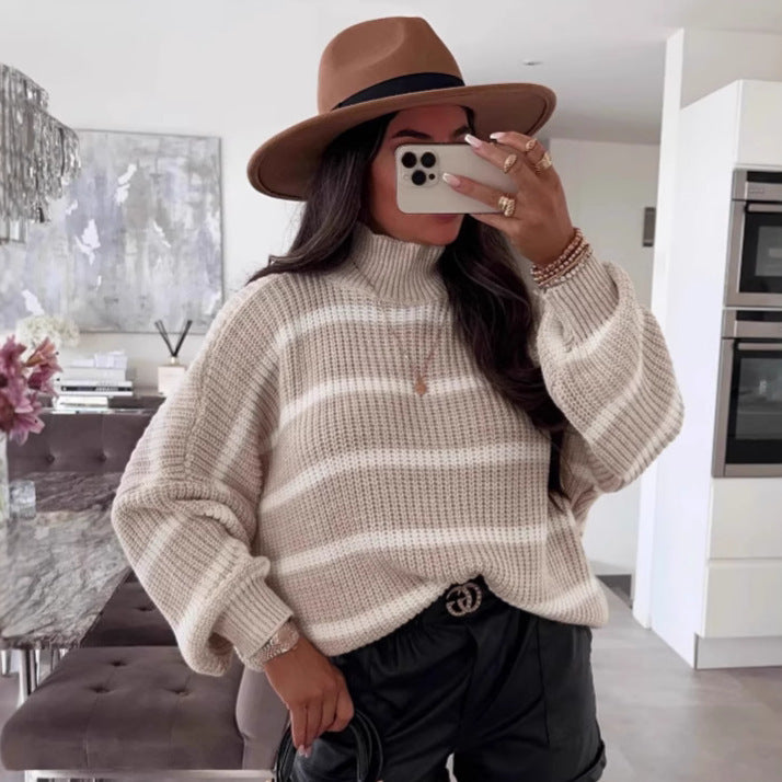 Loose Striped Mock-neck Contrast Color Knitwear Pullover Sweater