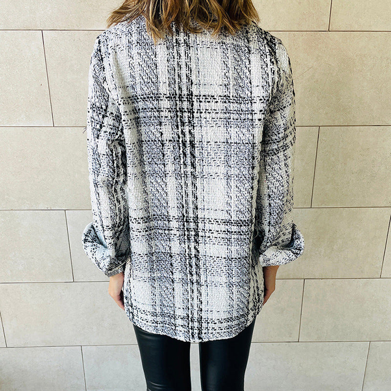 Women's Lapel Loose Button Long Sleeve Plaid Jacket