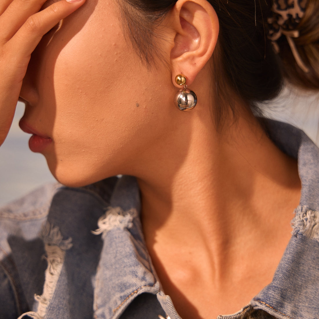 Round Beads Stainless Steel Color-block Ear Stud