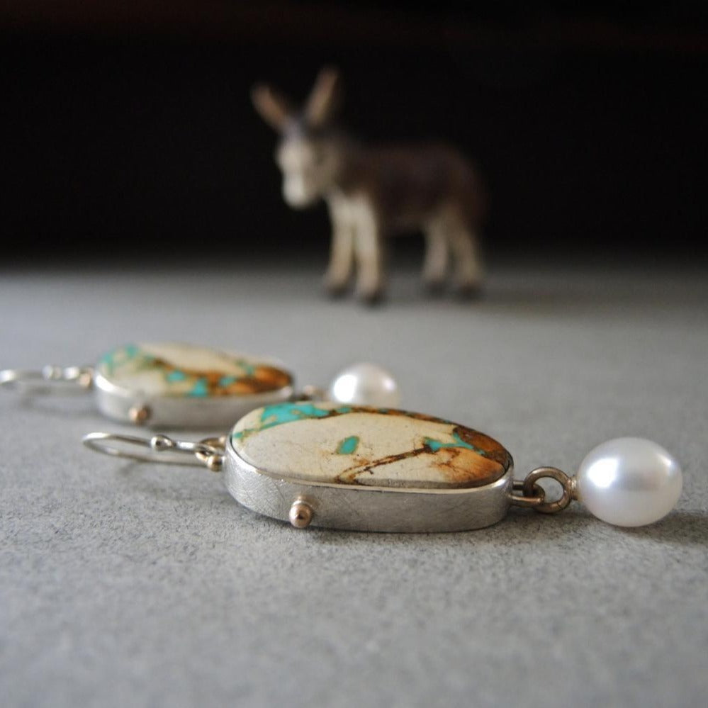 Vintage Colored Turquoise And Pearl Drop Pendant Earrings