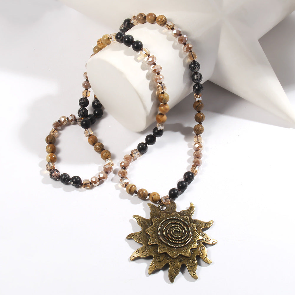Glass Knotted Necklace Ancient Cyan Sun Pendant Necklace Sweater Chain