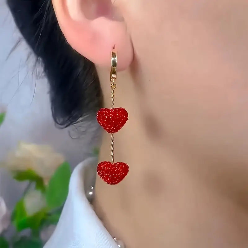 Red Heart Trendy Long Earrings Elegant High-end Simple