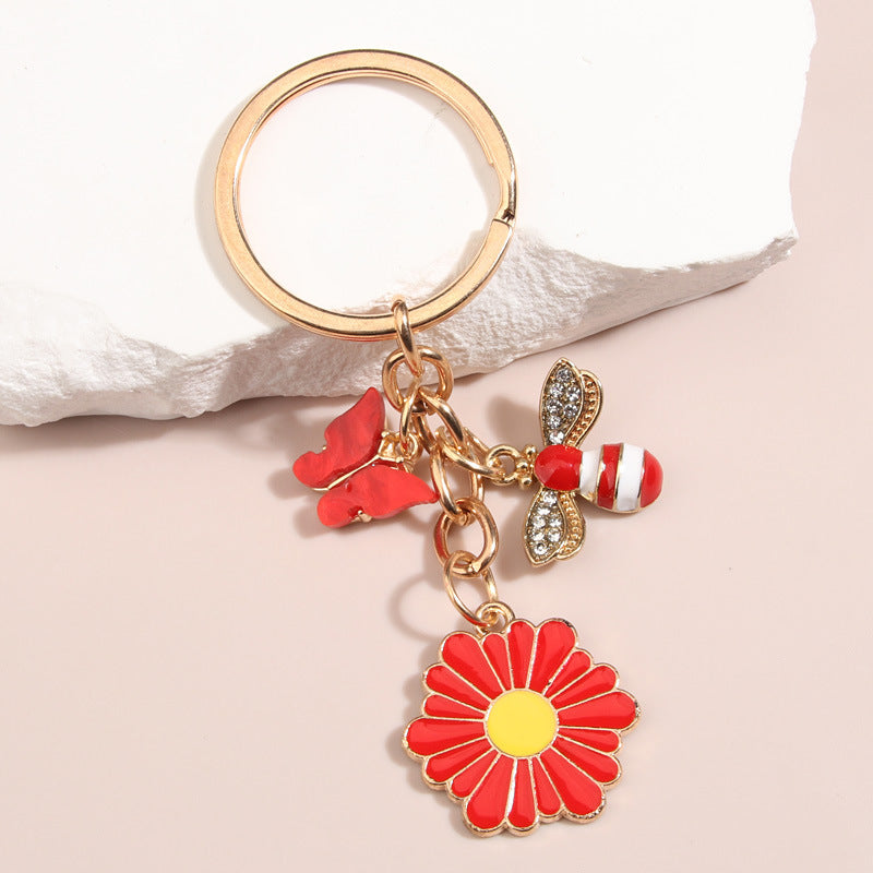 Handmade Dripping Oil Cute Little Bee Flower Keychain
