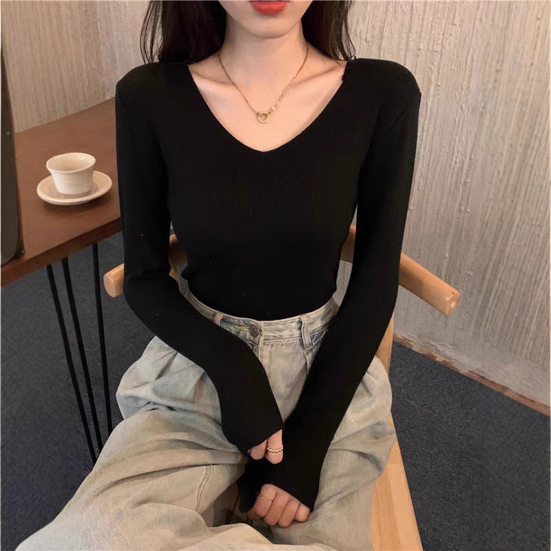 Core-spun Yarn Slim V-neck Long Sleeve Inner Wear Sweater