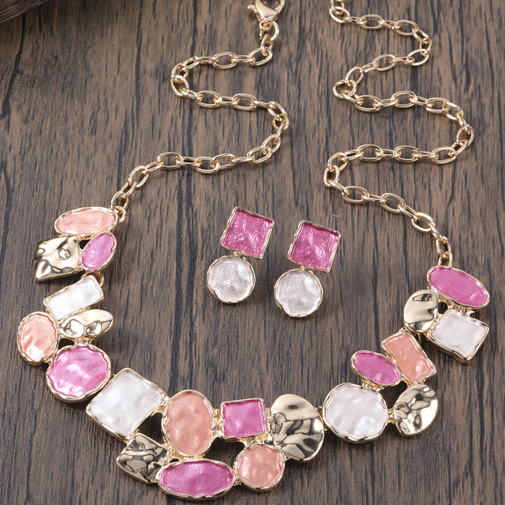 Oil Dripping Enamel Color Zinc Alloy Irregular Geometry Advanced Elegant Wild Earrings Necklace Two-piece Set