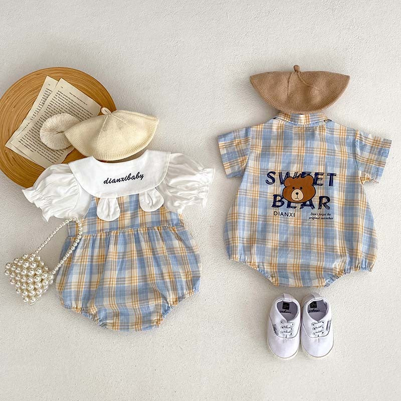 Baby Short Sleeve Two-piece Thin Bear Plaid Romper Climbing Clothing