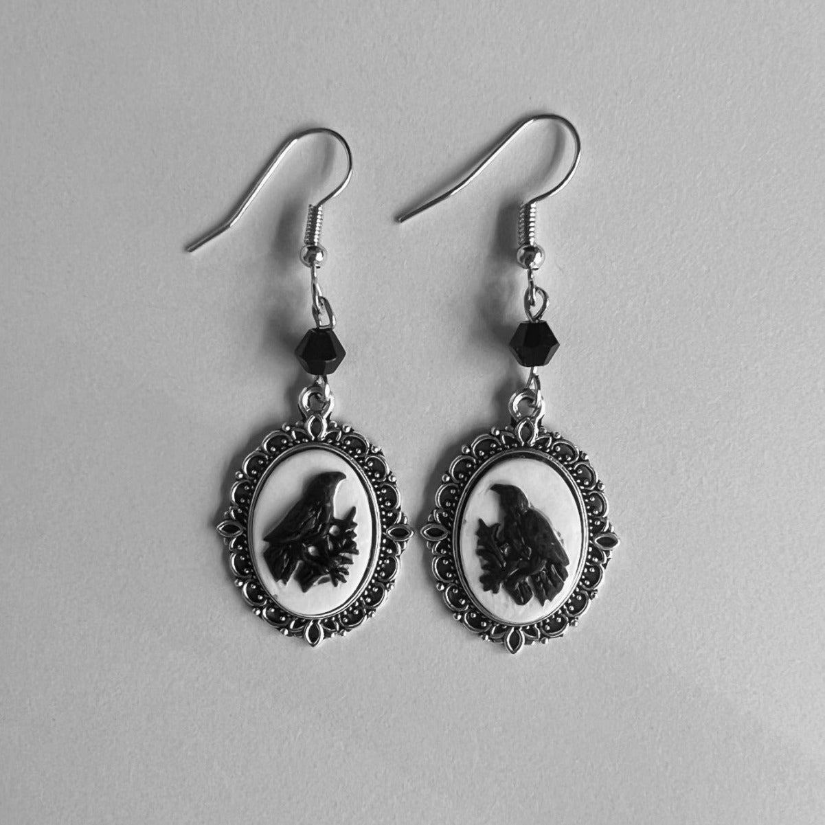 Gothic Black Cat Silver Frame Beads Earrings