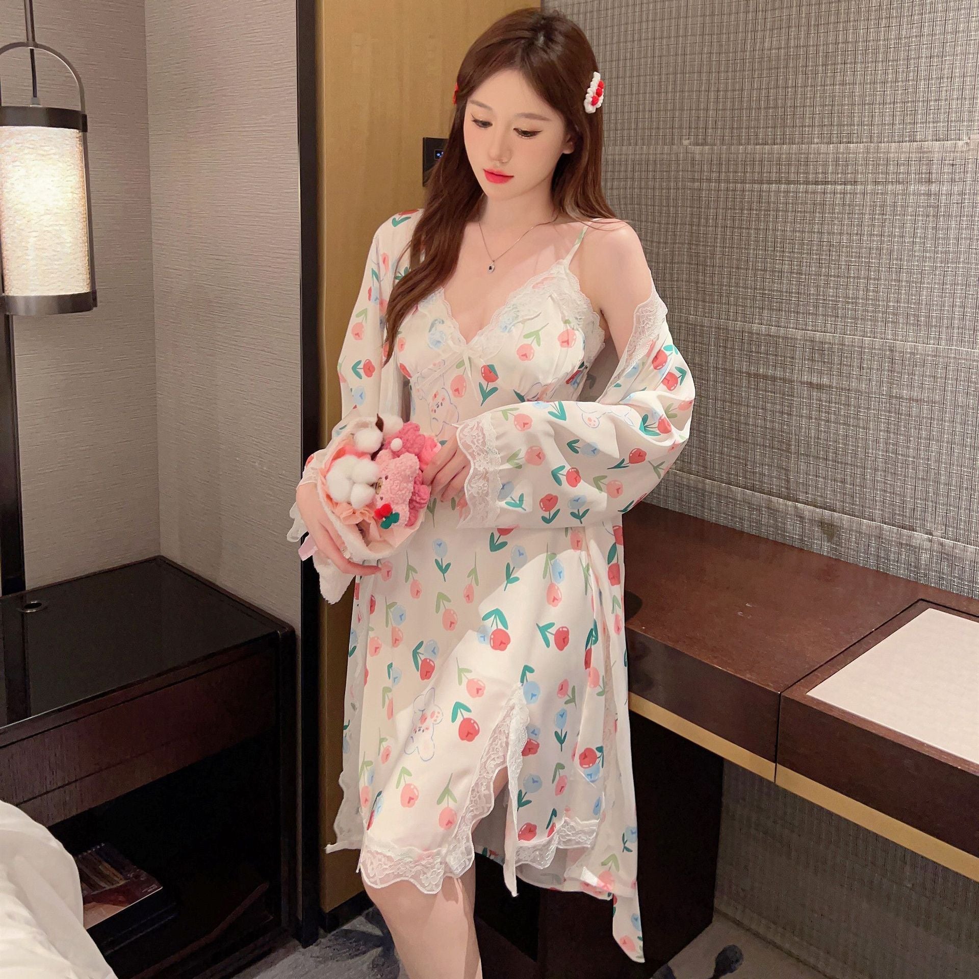Women's Ice Silk Pajamas With Chest Pad Thin Robe Nightdress Two-piece Suit