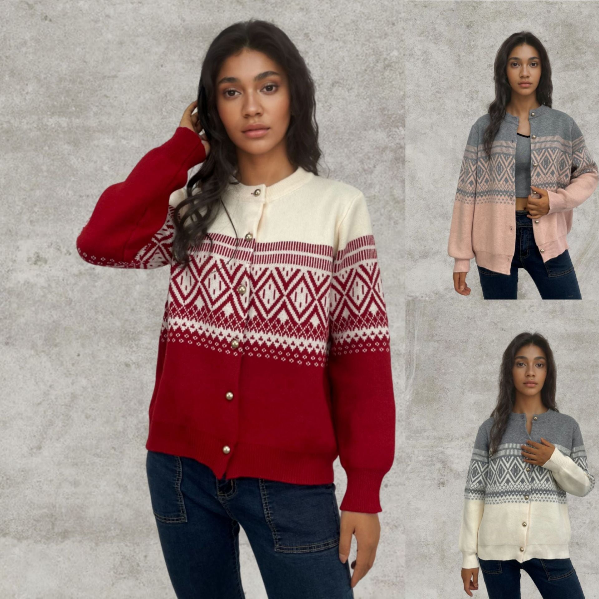 Women's Long-sleeved Contrast Color Diamond Knitted Sweater