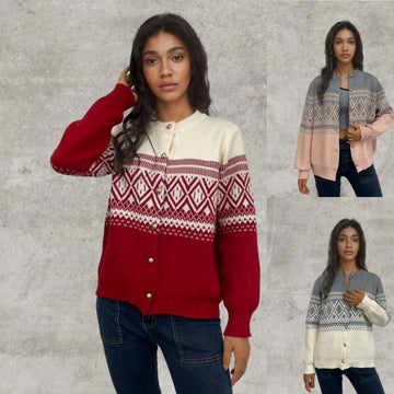 Women's Long-sleeved Contrast Color Diamond Knitted Sweater