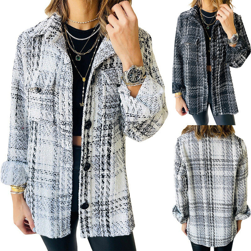 Women's Lapel Loose Button Long Sleeve Plaid Jacket