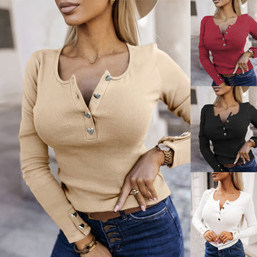 Women's Heart-shaped Button Long Sleeve U Collar Top