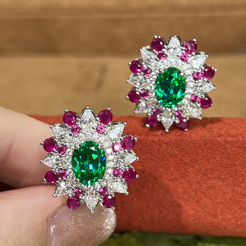 Colorful Stud Earrings Female Flower Geometric Design Ornaments Oval Zircon Style