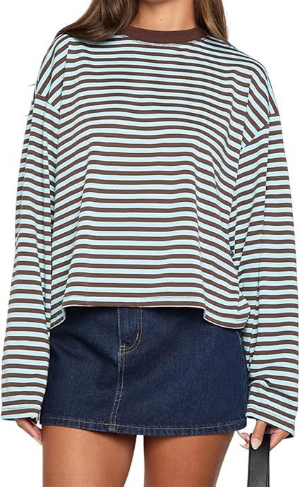 Casual Loose All-match Retro Contrast Color Striped Long-sleeved Top