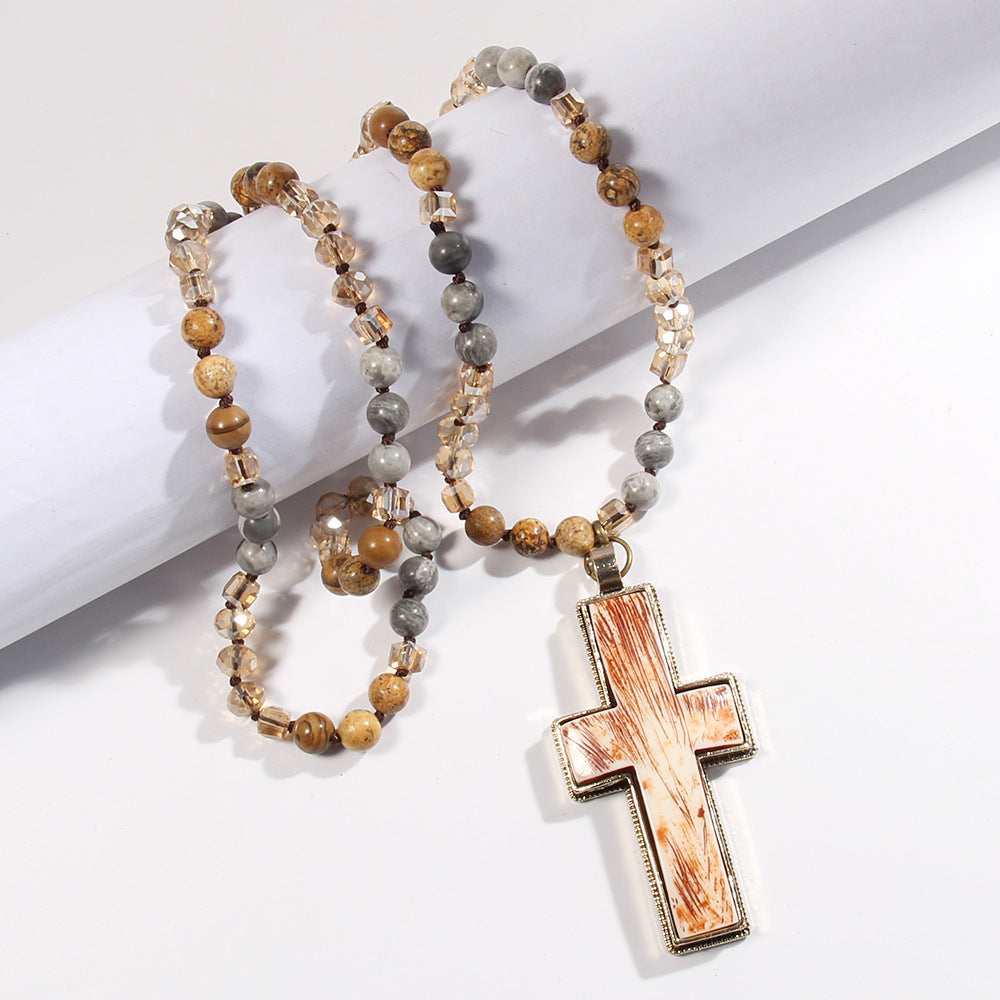 Glass Knotted Resin Cross Pendant Necklace Sweater Chain
