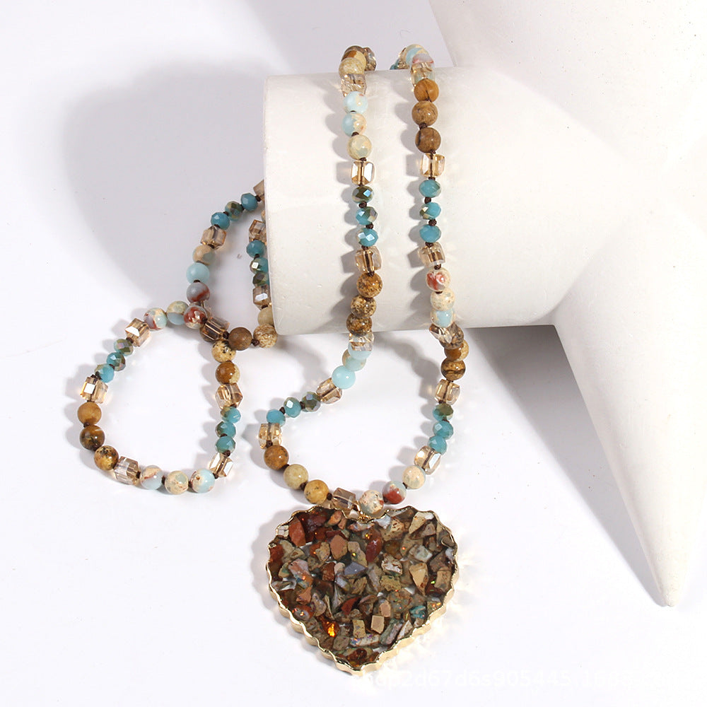 Glass Necklace Gravel Heart Pendant Sweater Chain