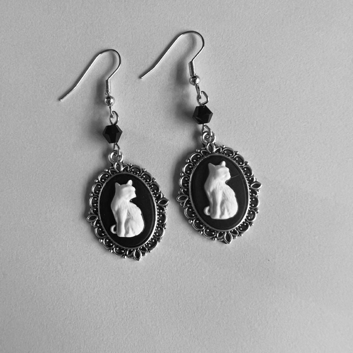Gothic Black Cat Silver Frame Beads Earrings