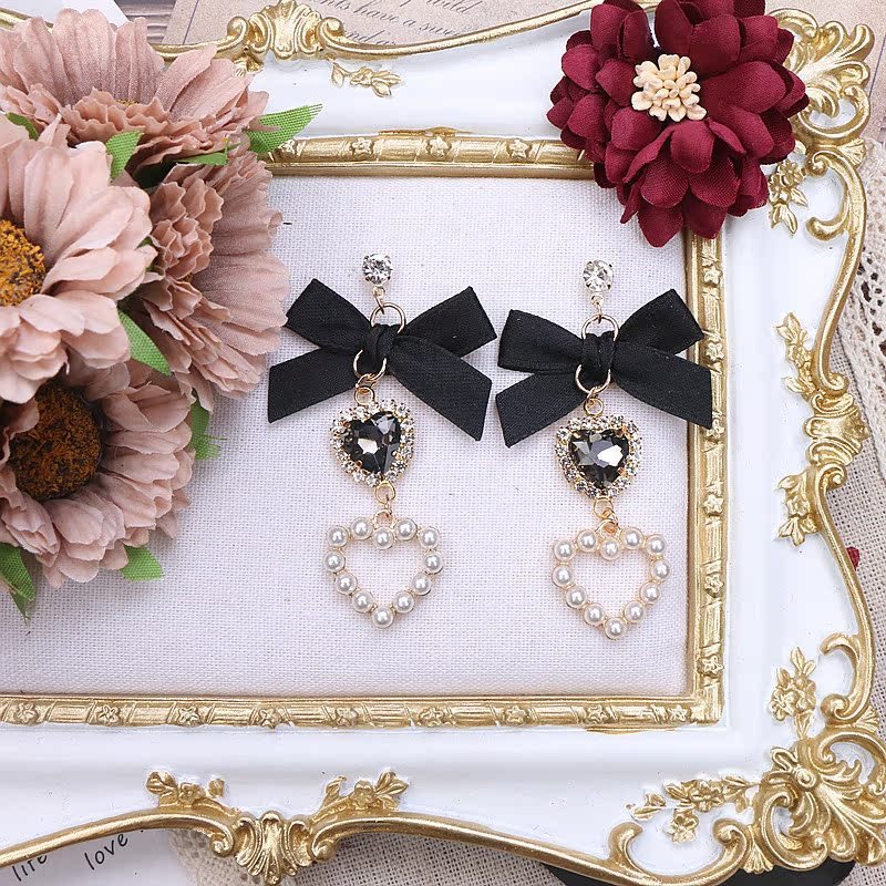 Japanese Style Sweet And Cute Bow For Cute Girl Rhinestone Earrings