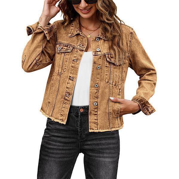 Female Solid Color Casual Embossed Denim Jacket Button Top