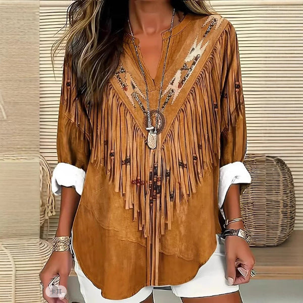 Summer Small V-neck Long-sleeved Casual Temperament Daily Vacation T-shirt Top