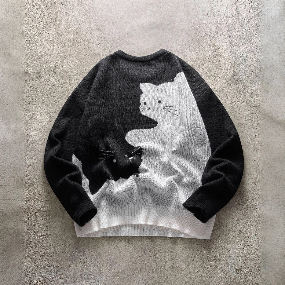 Men's Cat Pattern Round Neck Knitted Sweater