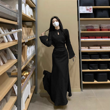 Plus Size Cheongsam Dress Women's Black Dress Plump Girls Waist-tight Draping Effect Skirt